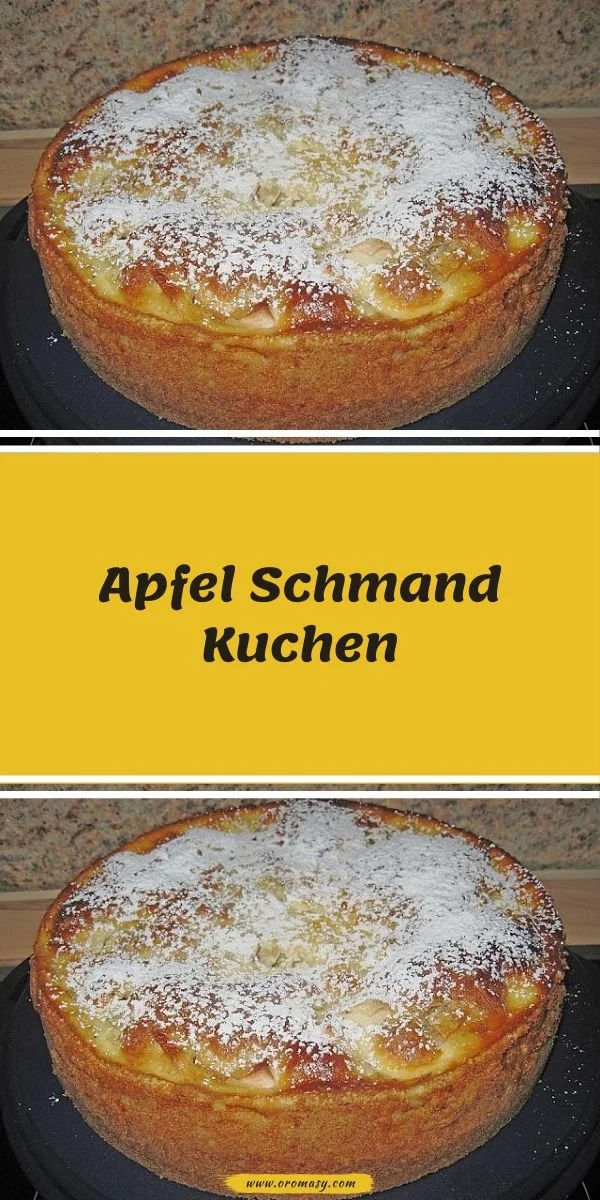 Ein saftiger Apfel Schmand Kuchen frisch aus dem Ofen, verziert mit Äpfeln und Sahne.