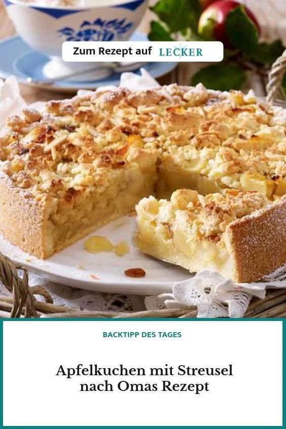 Apfelkuchen mit Streusel nach Omas Rezept, frisch gebacken und serviert