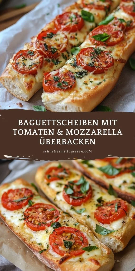 Überbackene Baguettscheiben mit Tomaten und Mozzarella aus dem Ofen