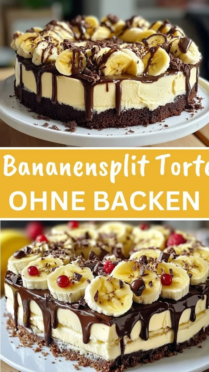 Leckere Bananensplit Torte ohne Backen mit Bananen und Sahne