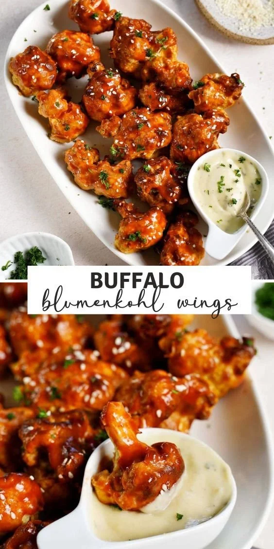Buffalo Blumenkohl Wings auf einem Teller, der gesunde Snack