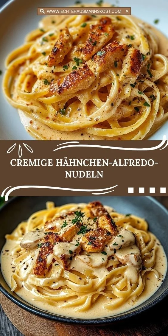 Cremige Hähnchen-Alfredo-Nudeln auf einem Teller serviert.