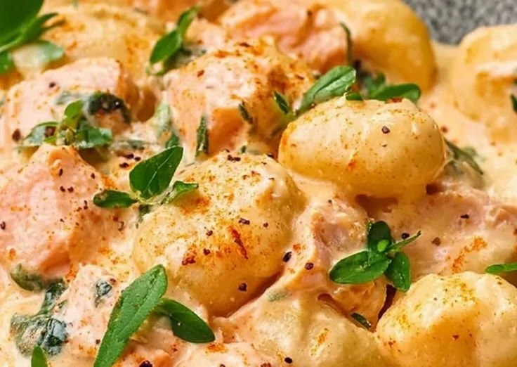 Cremige Lachs-Gnocchi mit frischen Kräutern auf einem Teller serviert.