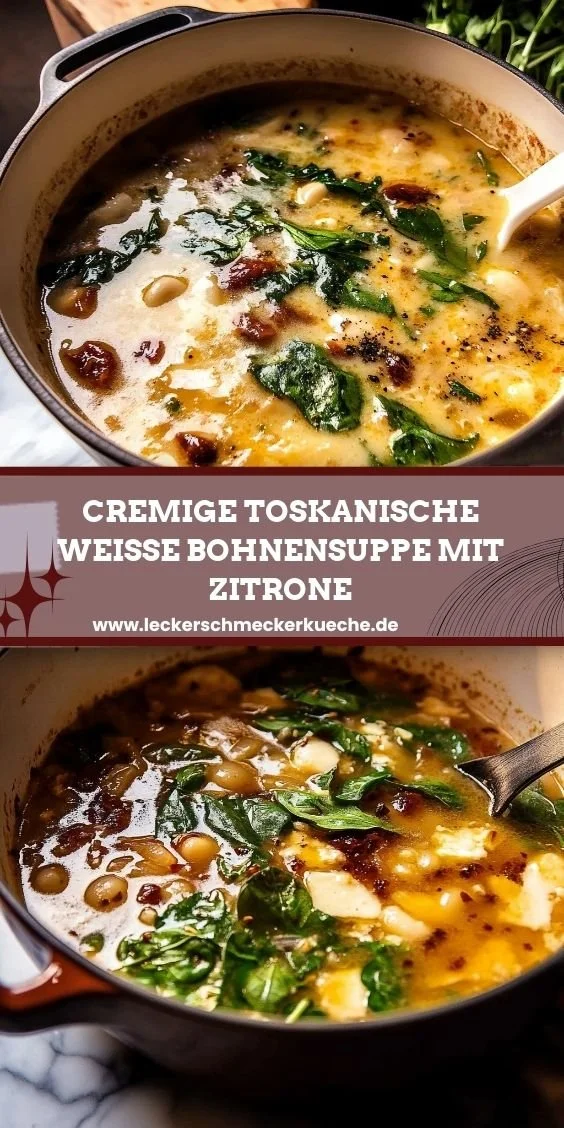 Cremige toskanische weiße Bohnensuppe mit Zitrone serviert in einer Schüssel
