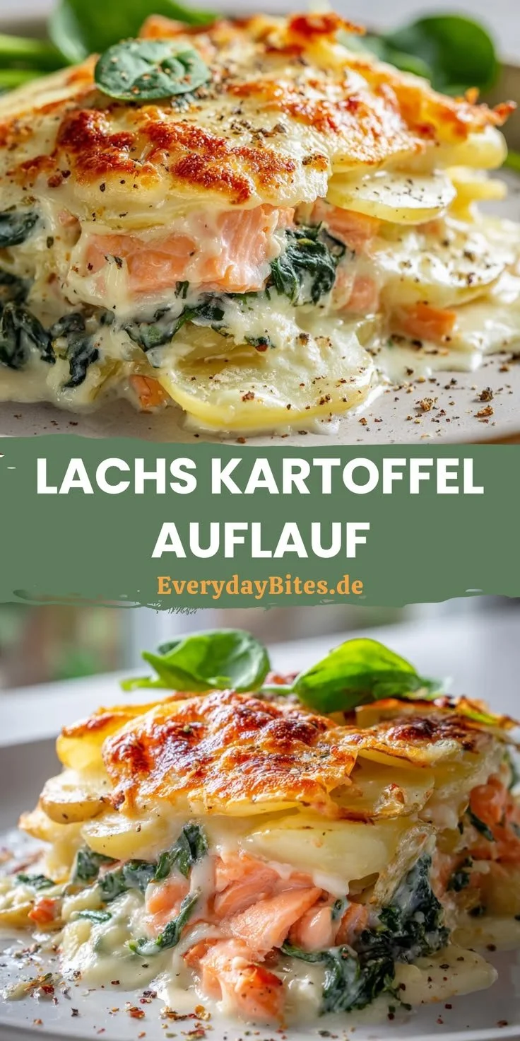 Lachs Auflauf mit Kartoffeln auf einem Teller serviert
