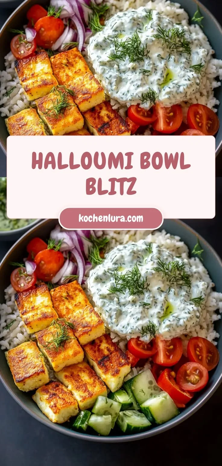 Halloumi Bowl mit Reis und Tzatziki, knusprig und cremig zubereitet