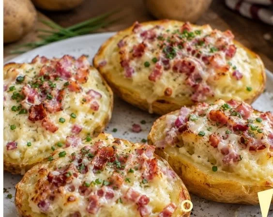 Gefüllte Kartoffeln nach Flammkuchen-Art mit frischen Zutaten und Gewürzen.