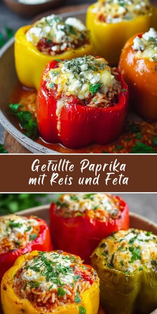 Gefüllte Paprika mit Reis und Feta auf einem Teller serviert.