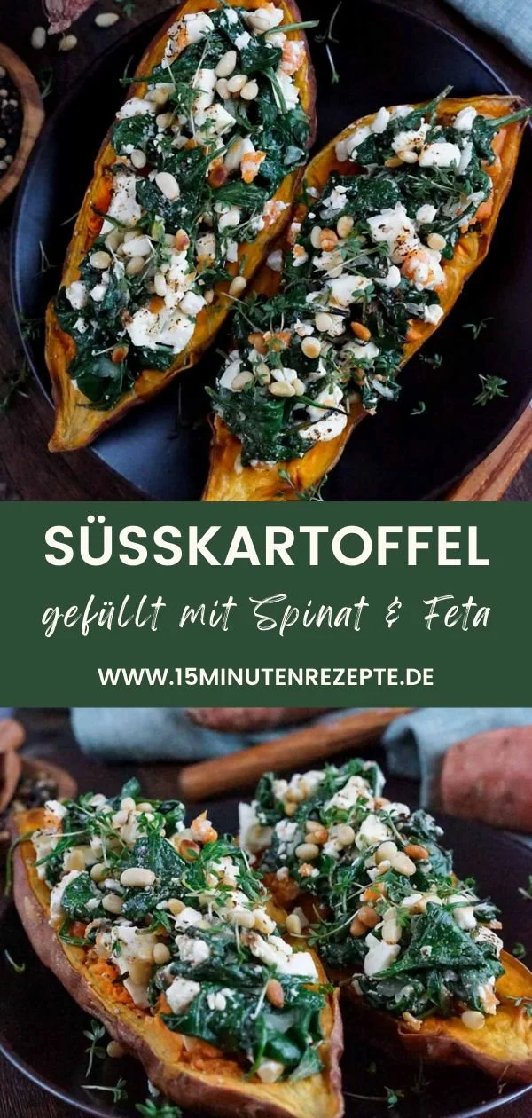 Gefüllte Süßkartoffeln mit Spinat und Feta auf einem Teller angerichtet