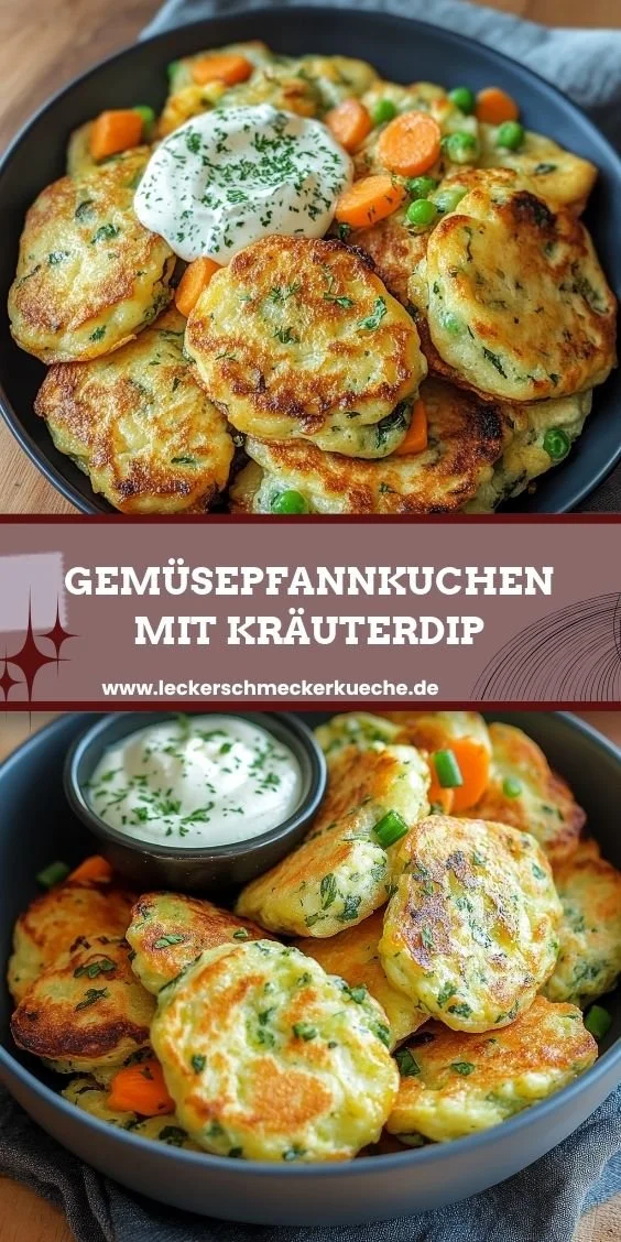 Leckere Gemüsepfannkuchen mit frischem Kräuterdip auf einem Teller