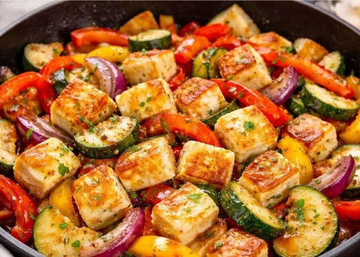 Halloumi-Gemüsepfanne mit buntem Gemüse und goldbraunem Halloumi-Käse