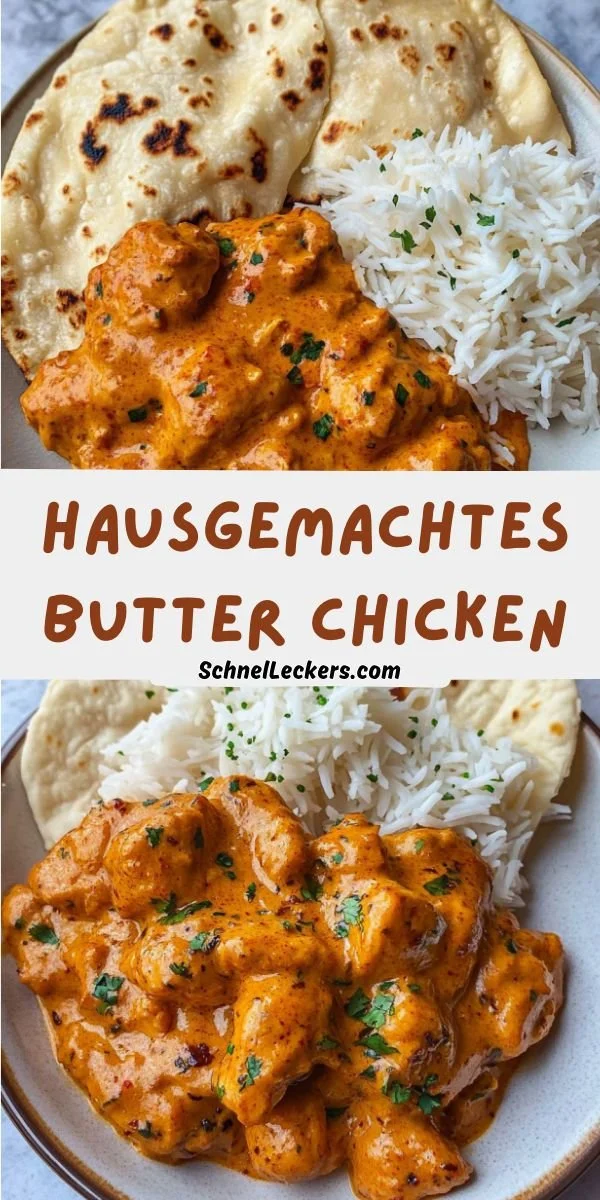 Leckeres hausgemachtes Butter Chicken auf einem Teller mit Reis und Kräutern