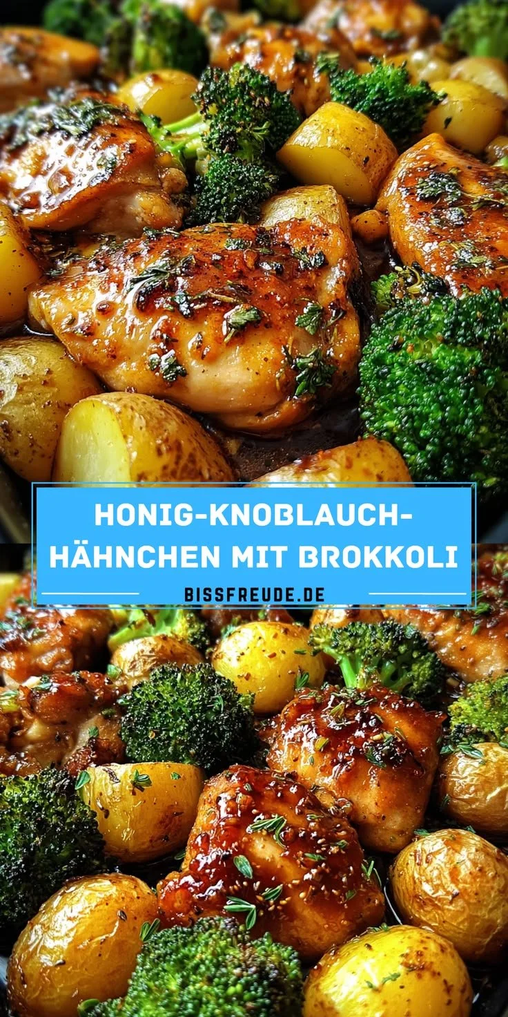 Honig-Knoblauch-Hähnchen mit Brokkoli und Kartoffeln frisch aus dem Ofen