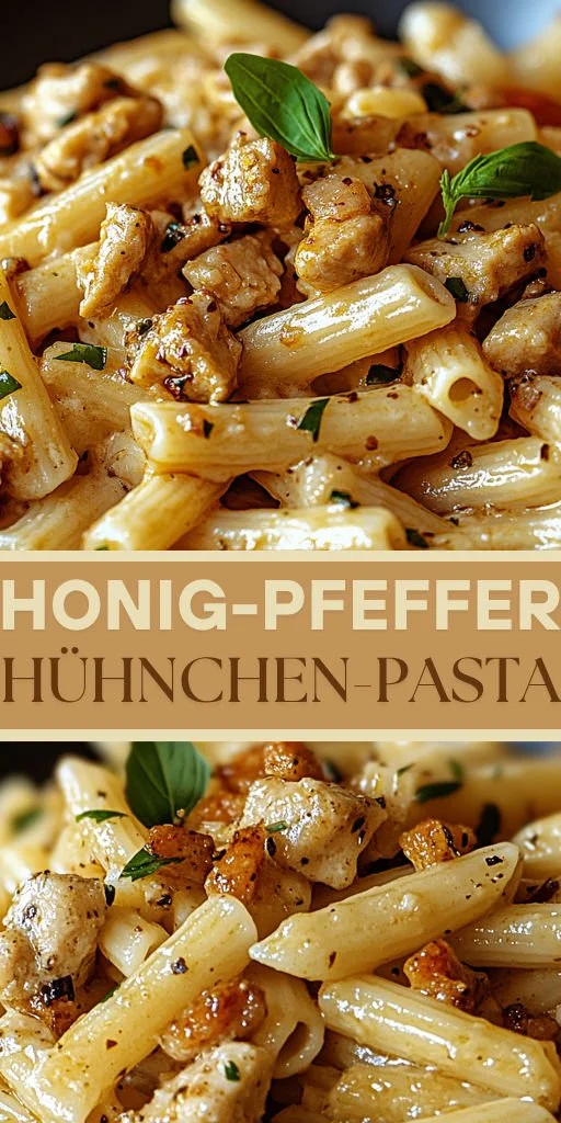 Honig-Pfeffer-Hühnchen-Pasta auf einem Teller mit frischen Kräutern garniert