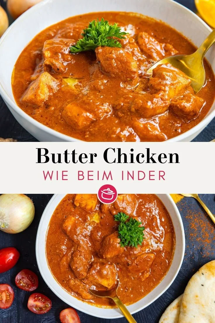 Eine leckere Portion Indisches Butter Chicken mit Reis und frischen Kräutern