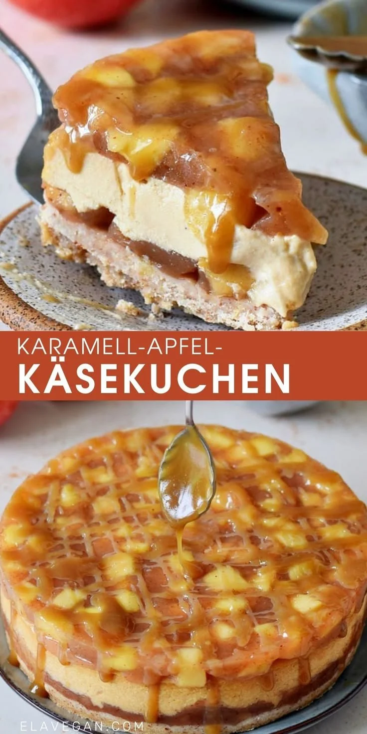 Leckerer Karamell-Apfel-Käsekuchen mit frisch gebackenem Boden und Apfelstücken.
