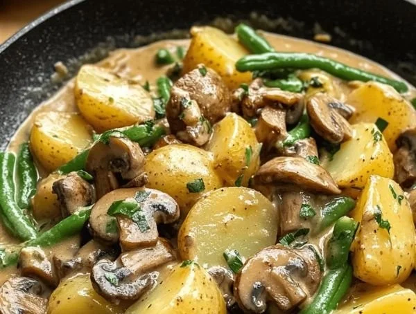 Kartoffel-Pilz-Pfanne mit frischen Zutaten auf einem Teller serviert