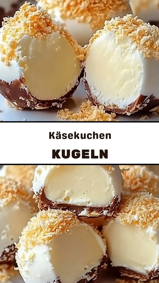 Käsekuchen Kugeln auf einem Teller, dekoriert mit Puderzucker.