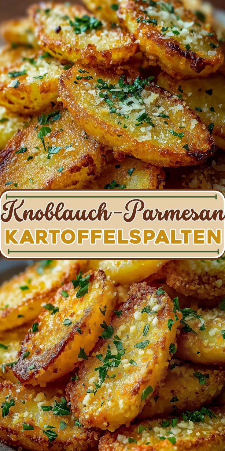 Knoblauch-Parmesan-Kartoffelspalten frisch aus dem Ofen, knusprig und lecker.