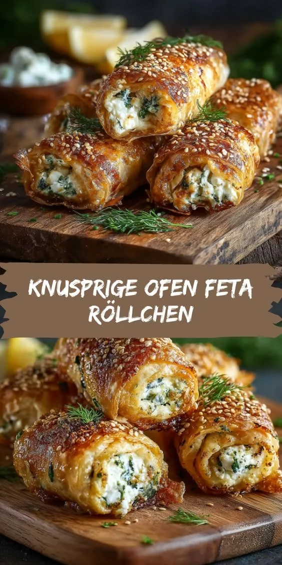 Knusprige Ofen Feta Röllchen auf einem Teller, perfekt für Partys
