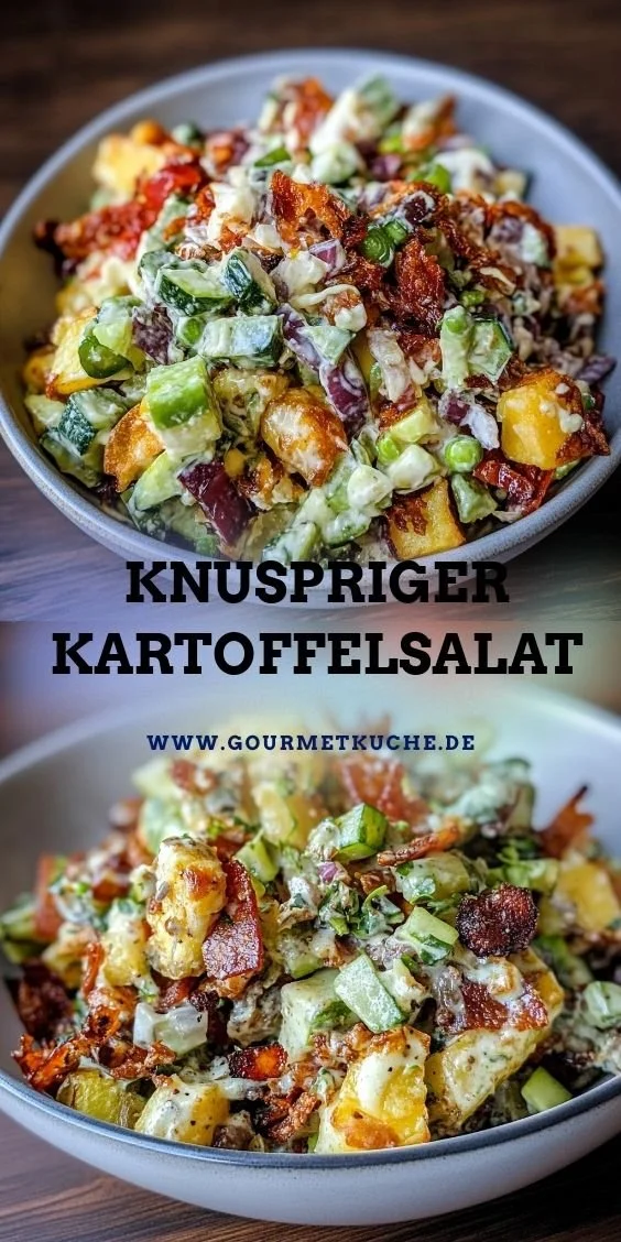 Knuspriger Kartoffelsalat in einer bunten Schüssel serviert