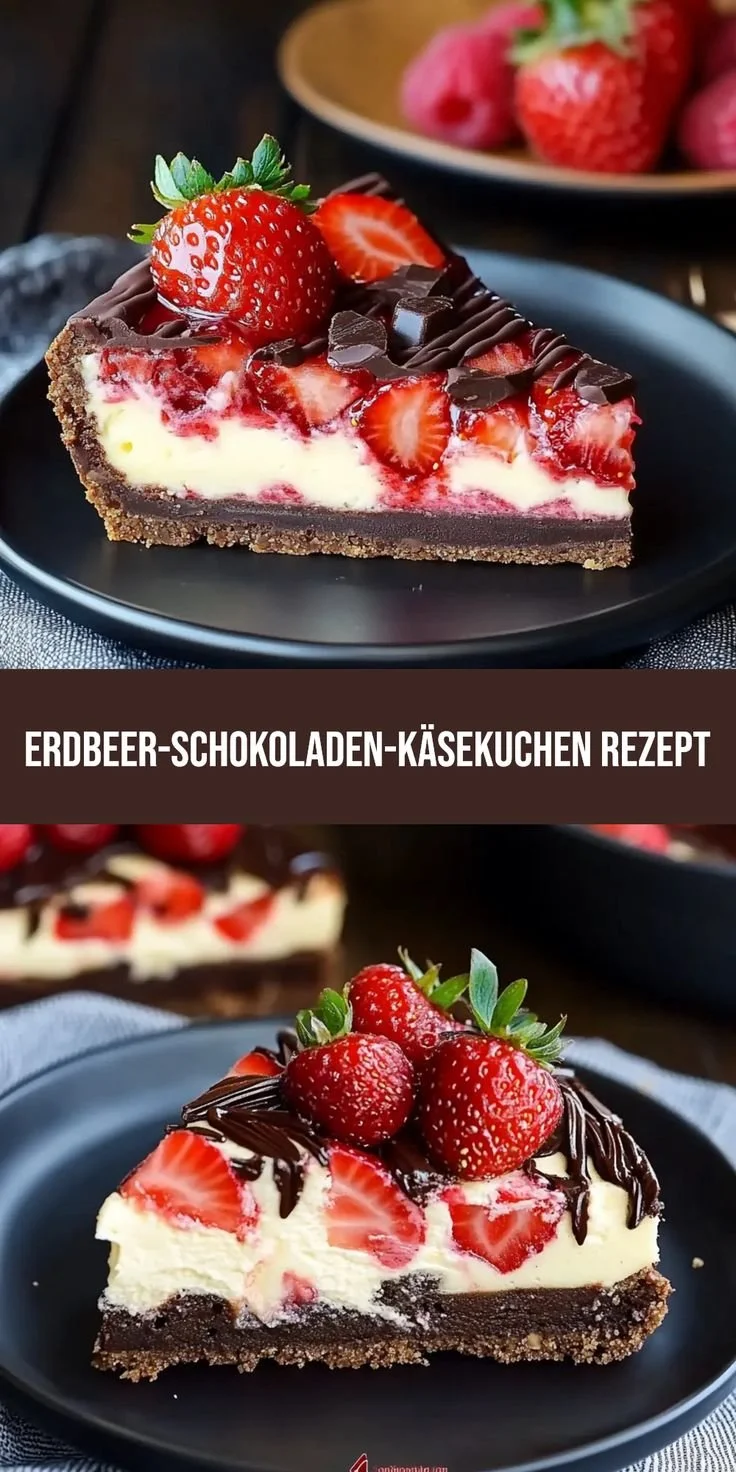 Käsekuchen mit Erdbeer-Schokoladen-Wirbel auf einem Teller