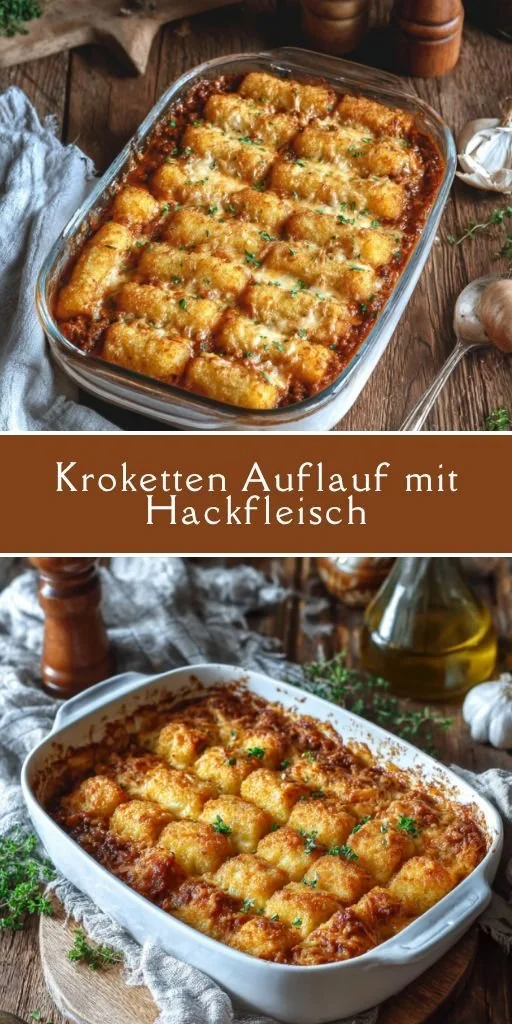 Kroketten Auflauf mit Hackfleisch auf einem Teller serviert