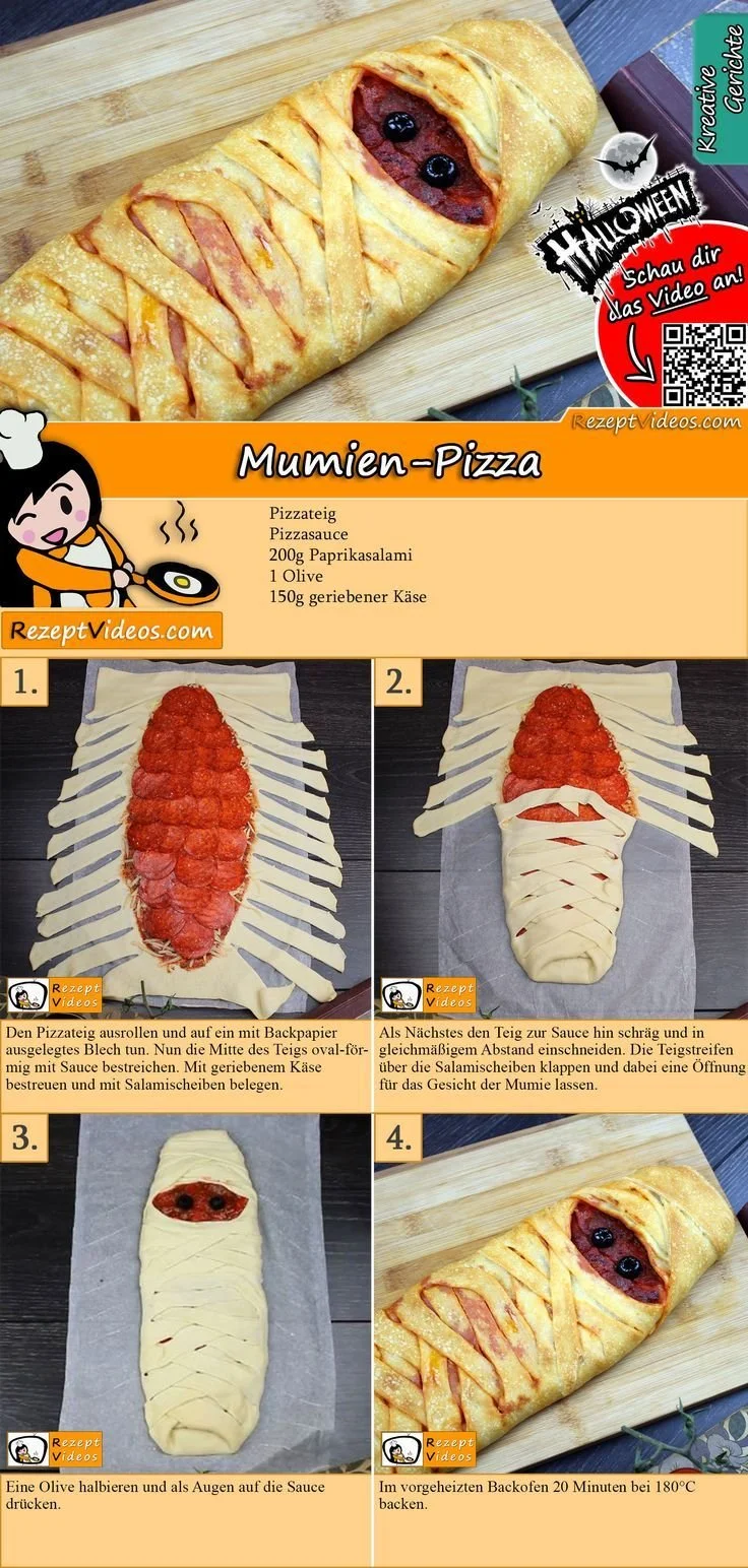 Mumien-Pizza mit Teig, Käse und Oliven dekoriert für Halloween