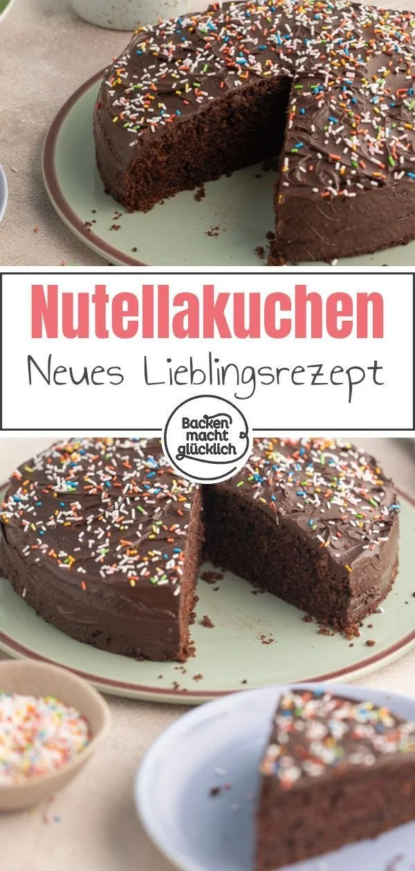 Saftiger Nutella-Kuchen auf einem Teller mit Schokoladensauce und Nüssen
