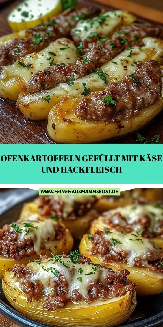 Ofenkartoffeln gefüllt mit Käse und Hackfleisch auf einem Teller serviert