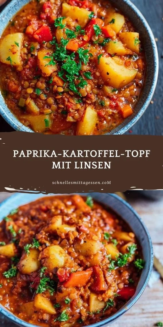 Paprika-Kartoffel-Topf mit Linsen, eine gesunde und schmackhafte Mahlzeit.