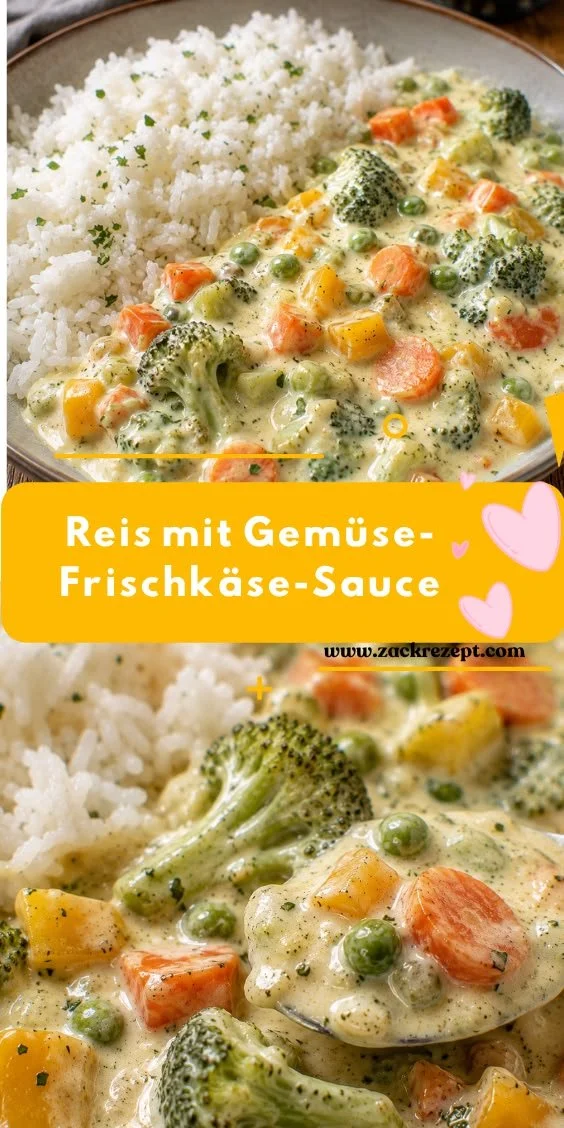 Reis mit Gemüse-Frischkäse-Sauce auf einem Teller angerichtet