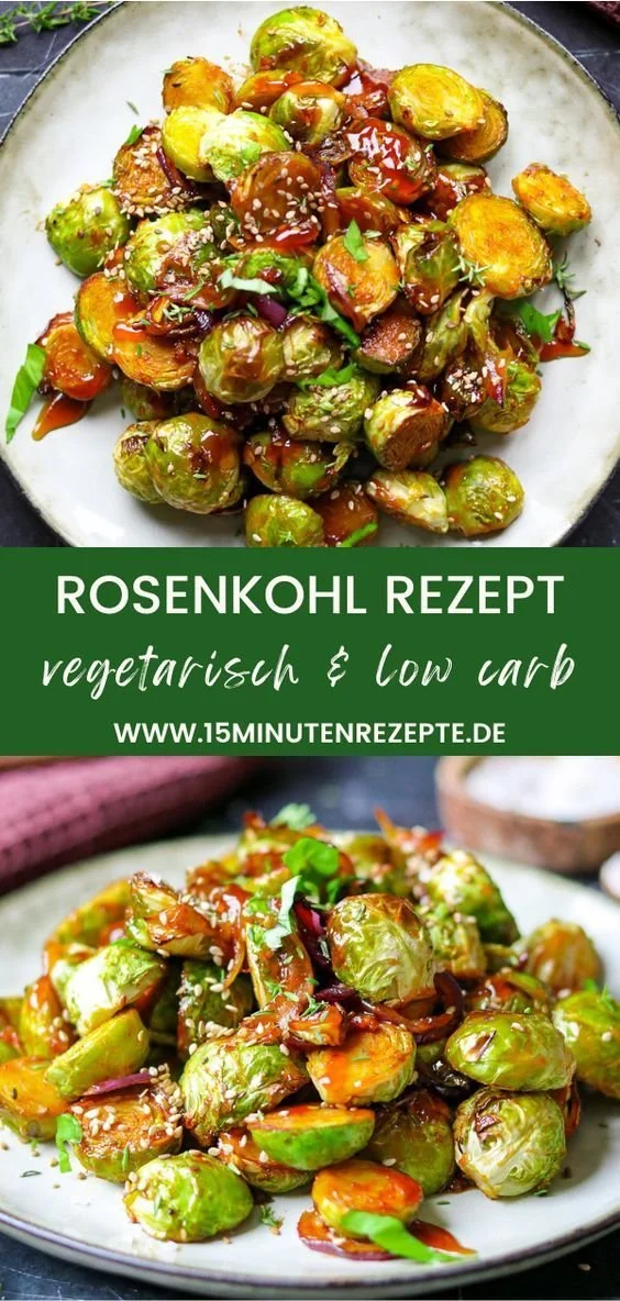 Rosenkohl mit Teriyaki Sauce auf einem Teller serviert
