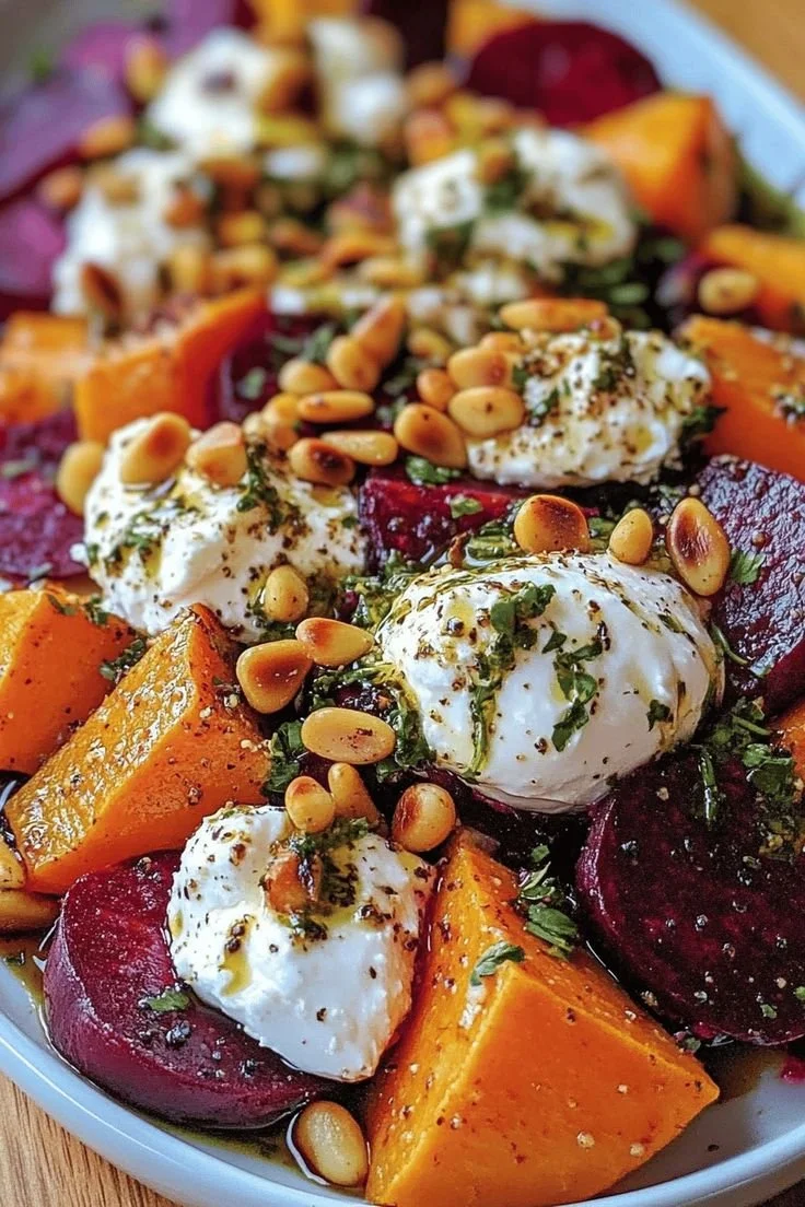 Rote-Bete-Süßkartoffel-Salat mit Burrata und gerösteten Pinienkernen