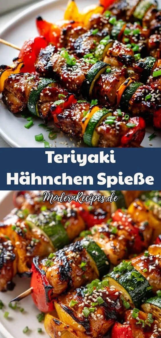 Saftige Teriyaki Hähnchen Spieße frisch vom Grill auf einem Teller