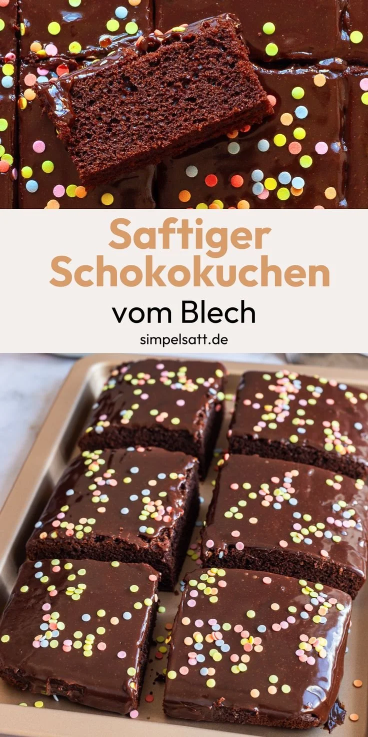 Saftiger Schokokuchen vom Blech auf einem Teller serviert
