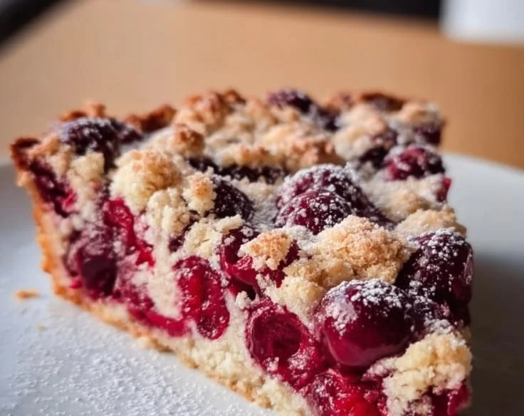 Saftiger Kirsch-Streusel-Kuchen auf einem Tisch serviert.