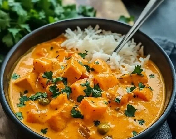 Süßkartoffel-Kokos-Curry mit frischen Kräutern und Gewürzen in einer Schale