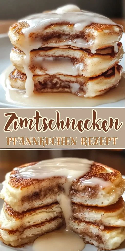 Zimtschnecken Pfannkuchen auf einem Teller mit Zimt und Zucker dekoriert.