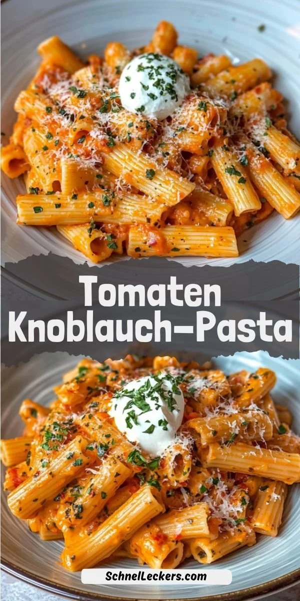 Leckere Tomaten-Knoblauch-Pasta in einer Schüssel, bereit zum Servieren.