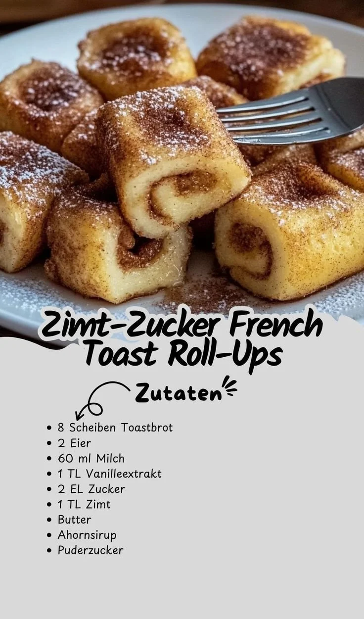 Zimt-Zucker French Toast Roll-Ups auf einem Teller, dekoriert mit Puderzucker.